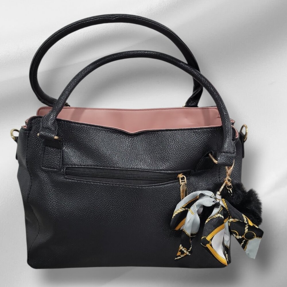 Black Faux Leather Tote Satchel Crossbody Purse Pink Trim w/ Pom Pom Charm Twill